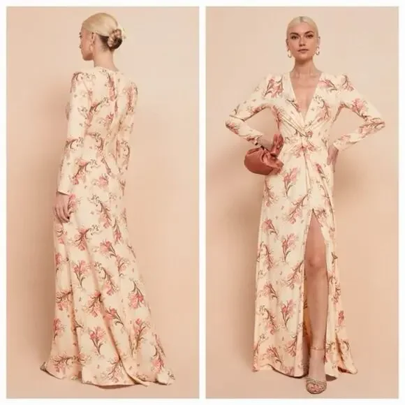 NWT Reformation Gatsby Floral Long Sleeve V Neck Dress Gown Leila Size 0 - Picture 2 of 6